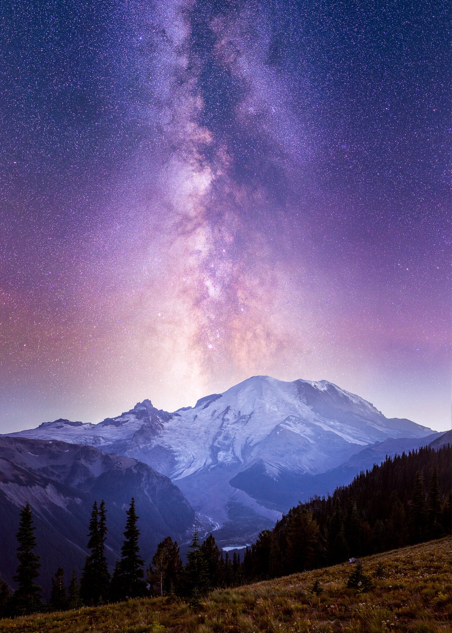 Purple Haze, Milky Way Over Mount Rainier - Lustre Paper Print
