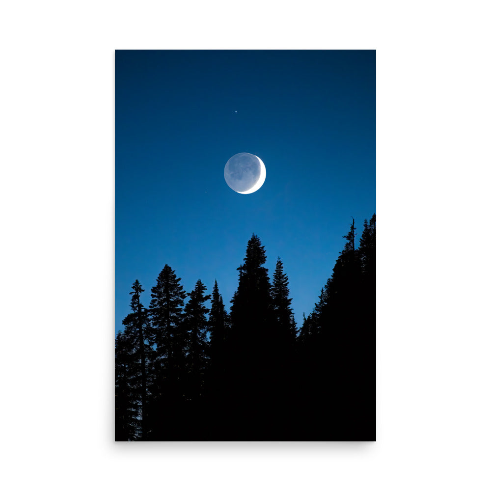 Crescent Moon Over Trees, Mount Rainier National Park - Lustre Paper Print