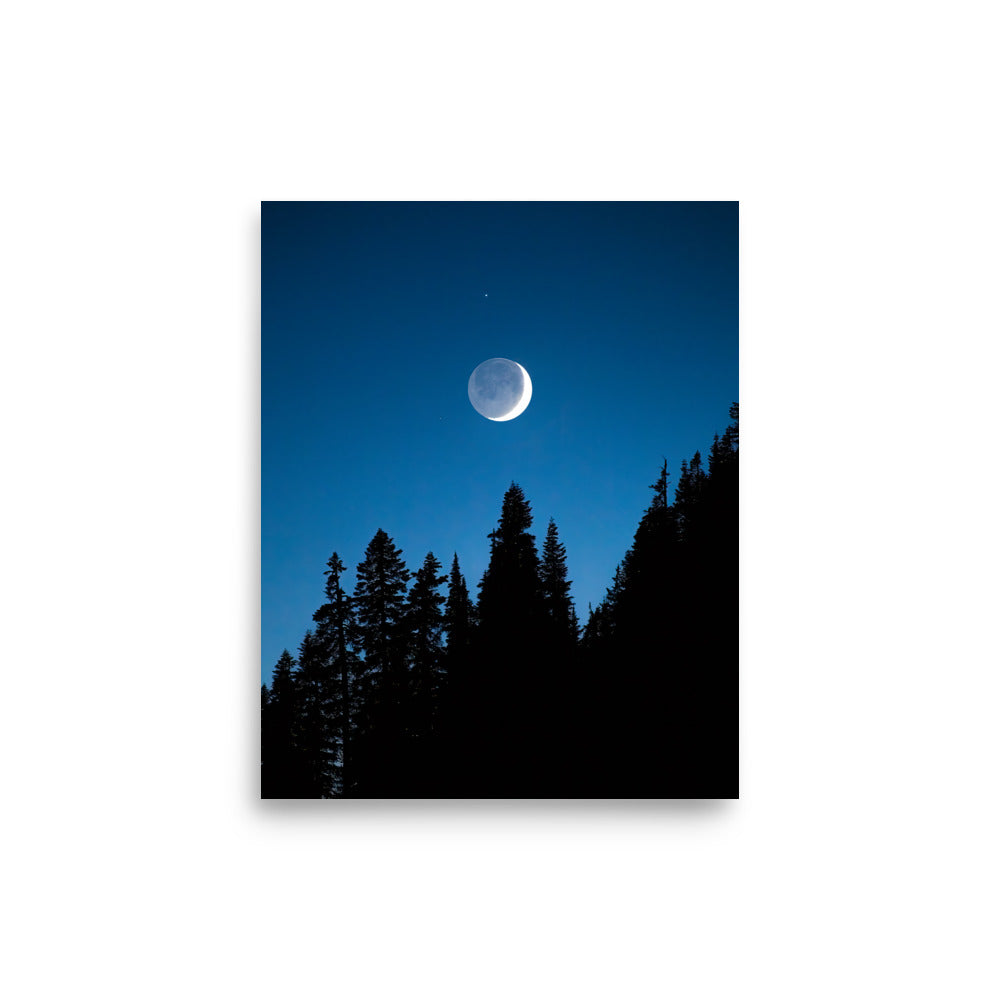 Crescent Moon Over Trees, Mount Rainier National Park - Lustre Paper Print