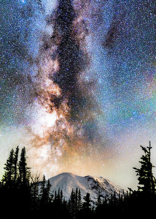 Volcano, Milky Way Rising Over Mount Rainier - Metal Print