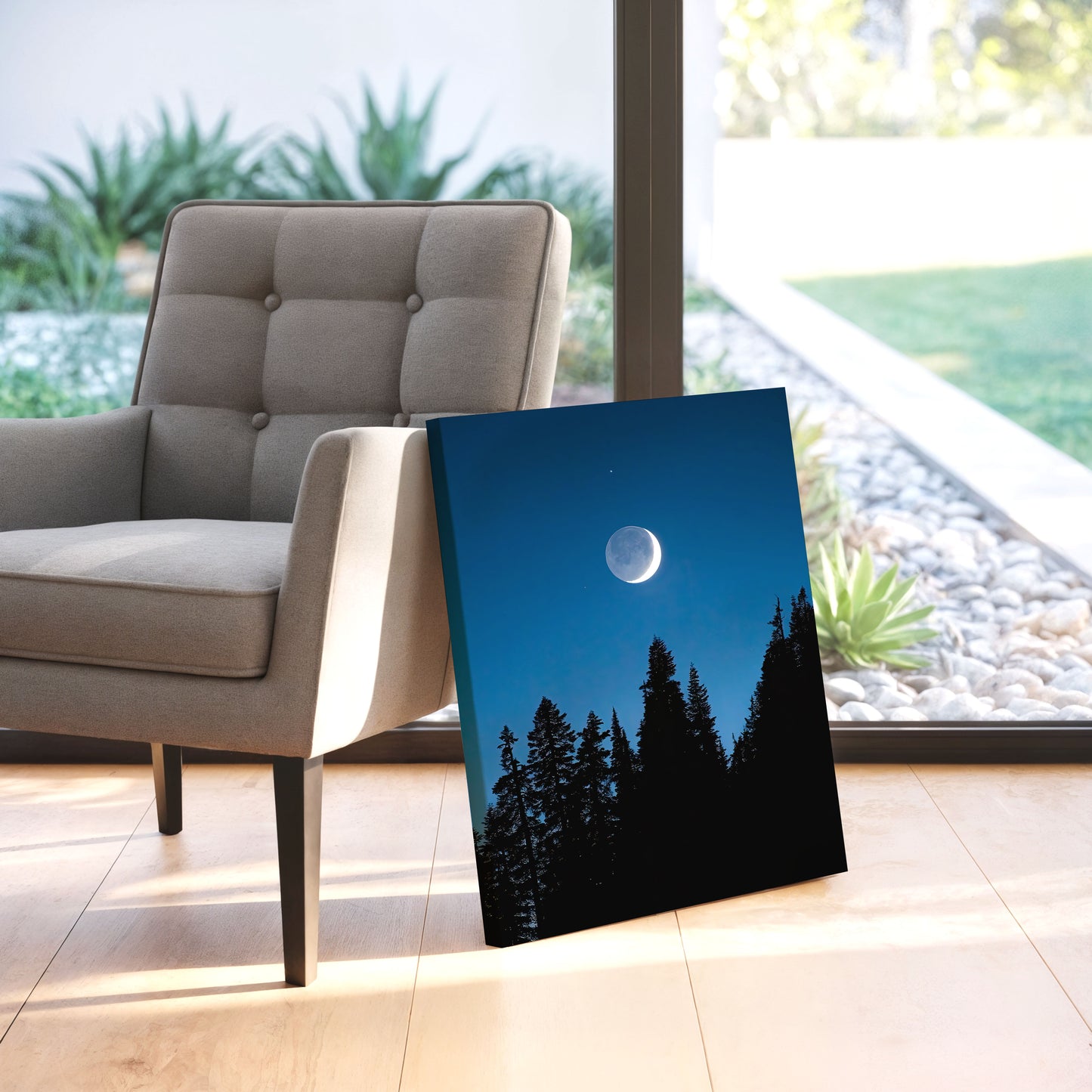 Crescent Moon Over Trees, Mount Rainier National Park - Canvas Print