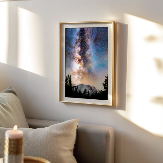 Volcano, Milky Way Rising Over Mount Rainier - Lustre Paper Print