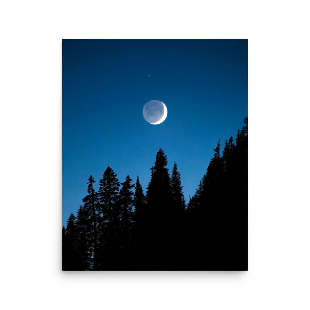 Crescent Moon Over Trees, Mount Rainier National Park - Lustre Paper Print